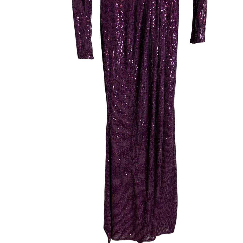 Mac Duggal Purple Sequined Long Sleeve V-Neck Slit Formal Prom Gown Size 2 - Picture 6 of 9